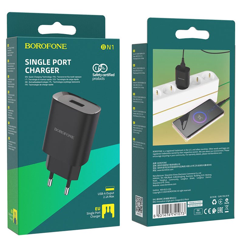 Caricabatteria USB Borofone BN1 single port black