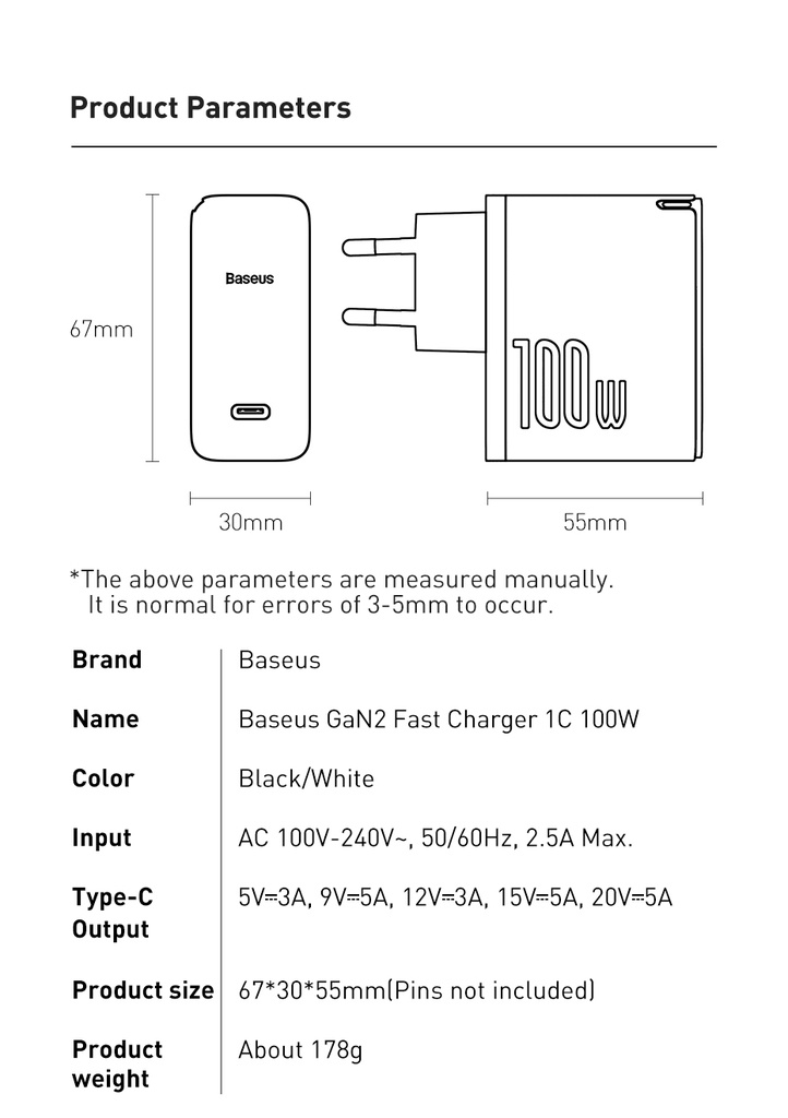 Caricabatteria USB-C Baseus 100W Q.C 5.0 GaN2 Fast con cavo Type-C TZCCGAN-L02 white