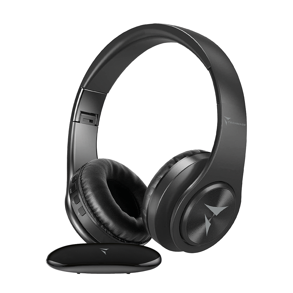 Techmade headphones wireless over ear with bundle receiver black TM-YH690