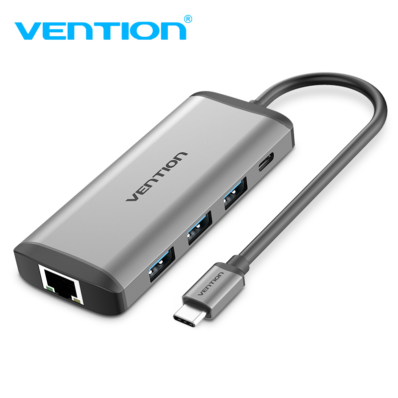 Vention Hub Type-C con 1 HDMI + 3 porte USB 3.0 + 1 Ethernet + 1 Lettore SD + 1 convertitore PD 0.15mt metal gray CNDHB