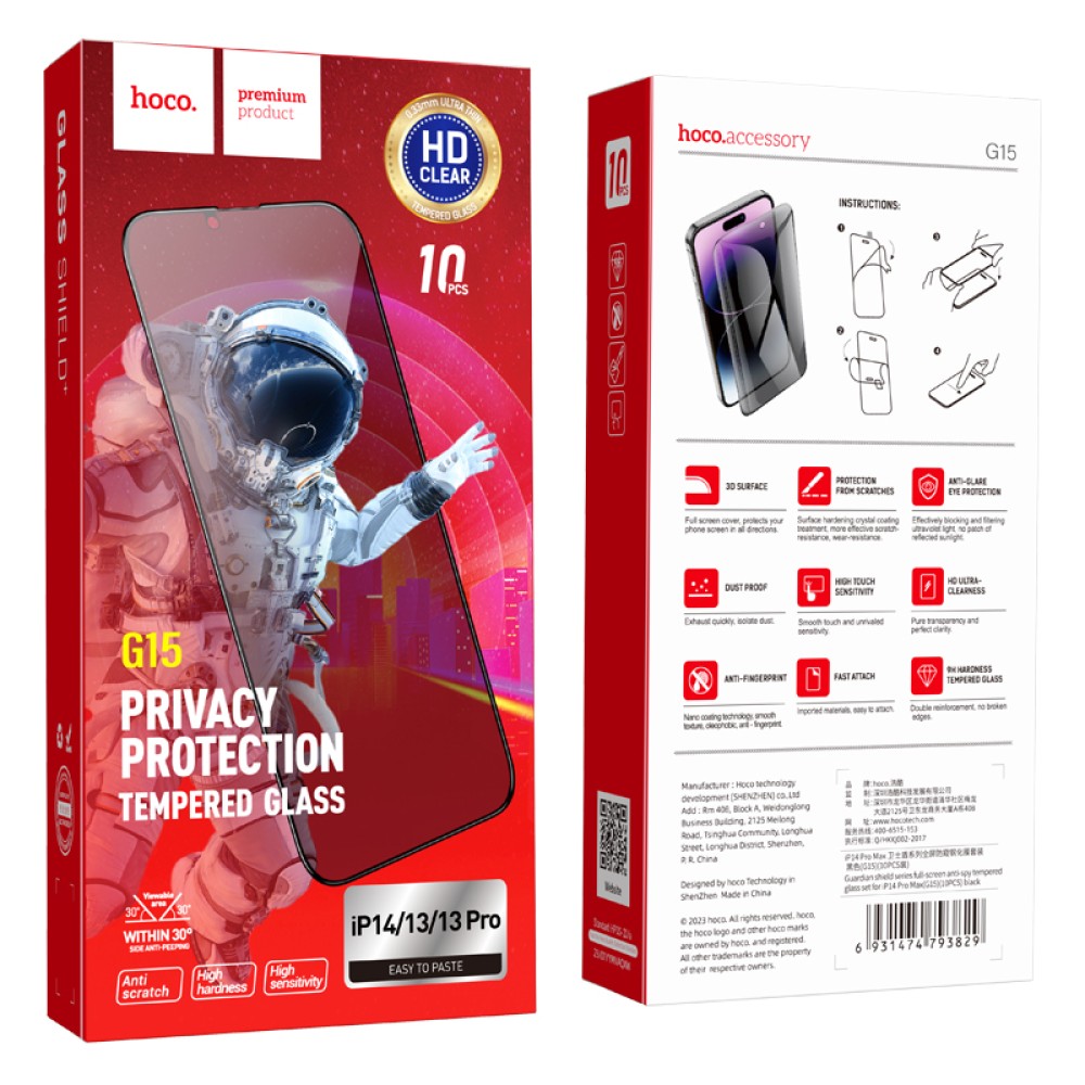 Hoco Pellicola Vetro Temperato Privacy iPhone 13, iPhone 13 Pro, iPhone 14 fullscreen  G15