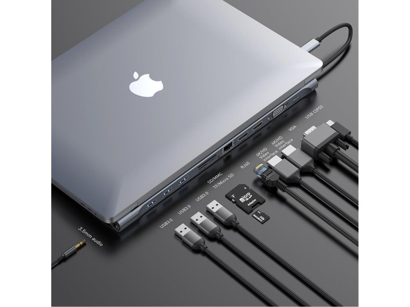 Baseus Docking station USB-C PD, 2x HD 4K, VGA, RJ45, SD/TF, 3x USB 3.0, Jack 3.5 mm Enjoyment Series Stand grey CATSX-G0G