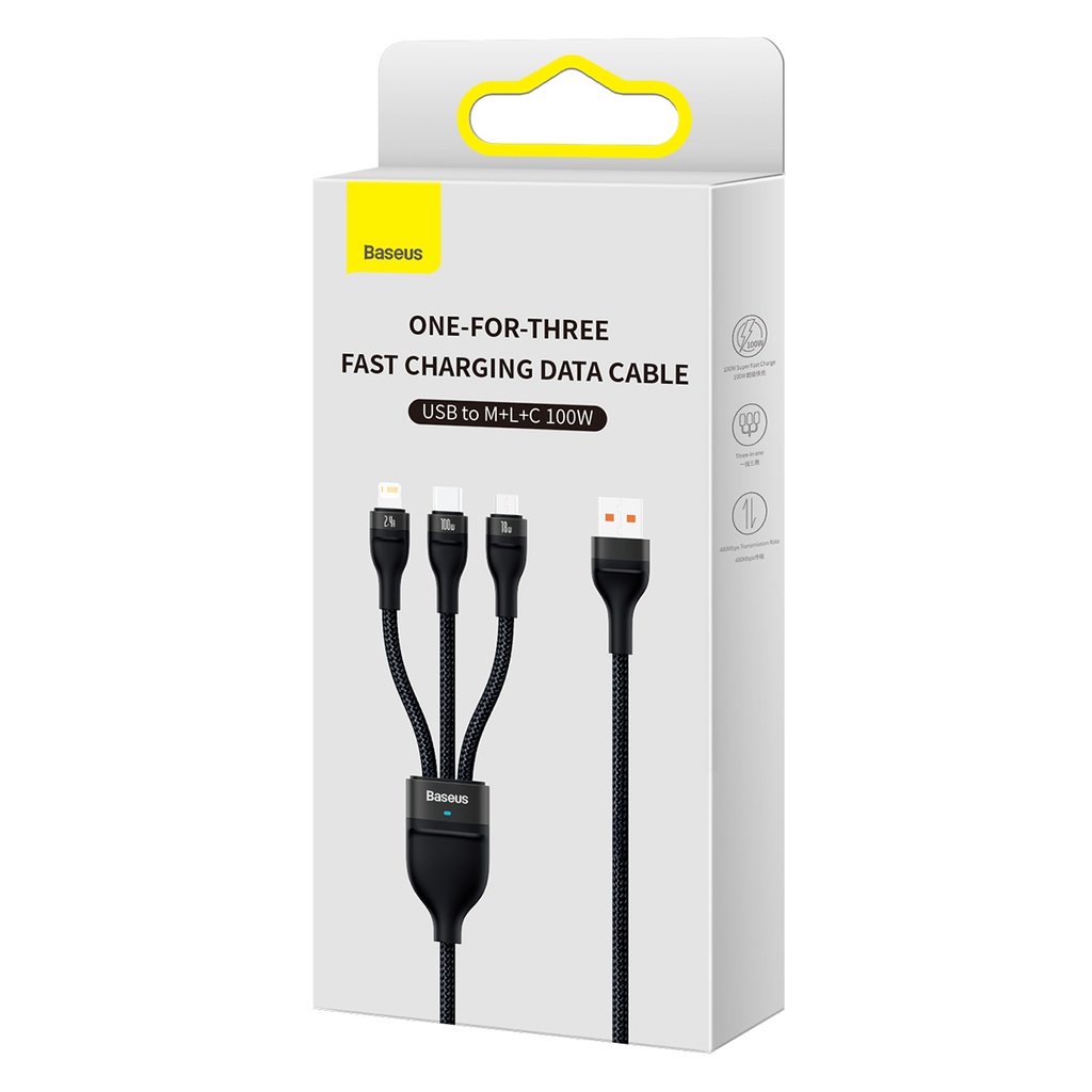 Baseus cavo dati 3in1 Type C, Lightning, micro USB 100W 1.2mt Flash series black CASS030001