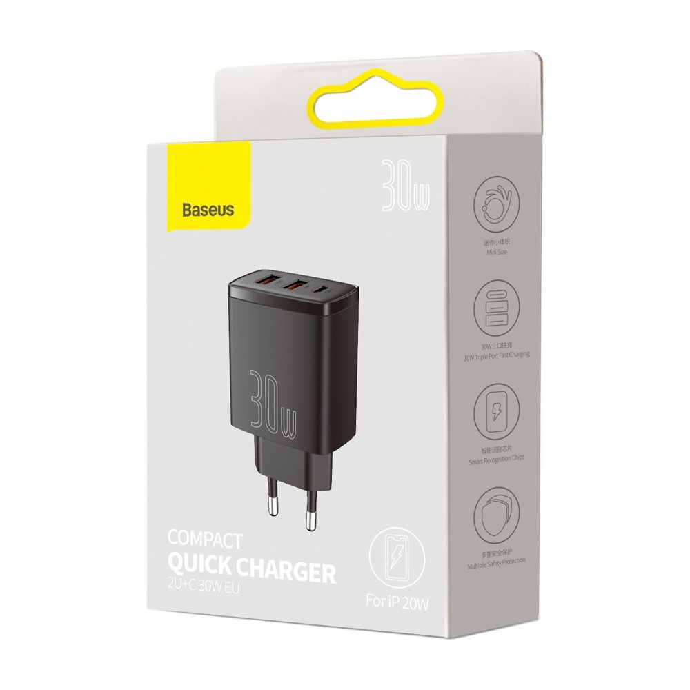 Baseus caricabatteria USB 30W 2 porte USB + USB-C Compact black CCXJ-E01