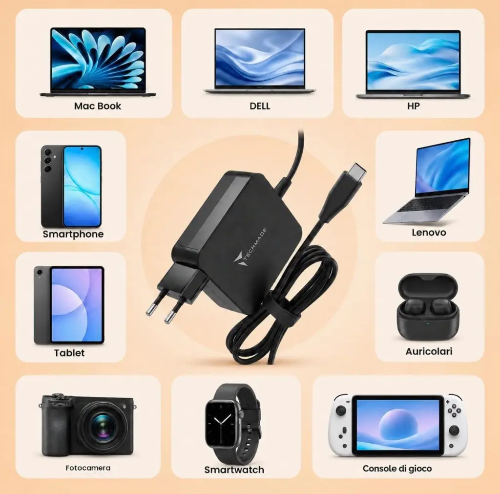 Techmade Caricabatterie USB-C 65W Universale Black TM-AE065PD.webp