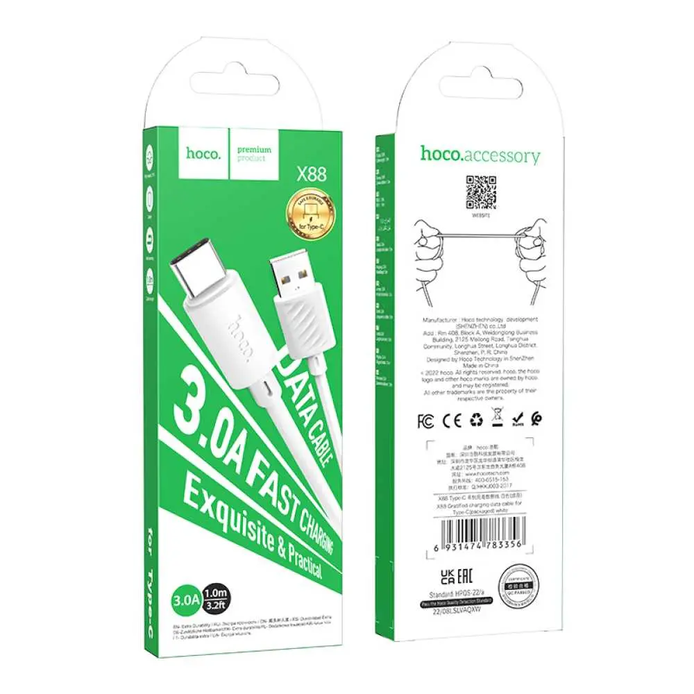 Hoco Cavo Dati Type-C 3A Fast Charging (1m) PVC White X88.webp