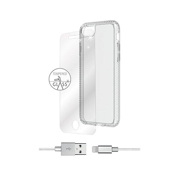 Custodia Vodafone iPhone 7 kit crystal shell trasparente, pellicola vetro, cavo dati Lightning