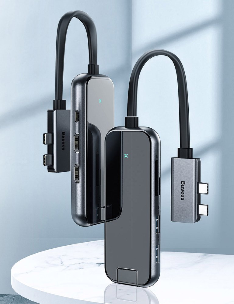 Hub USB-C Baseus 8 in 1 con 2 USB 3.0, 2 HDMI, 1 RJ45, 2 SD/MicroSD CAHUB-FZ0G black