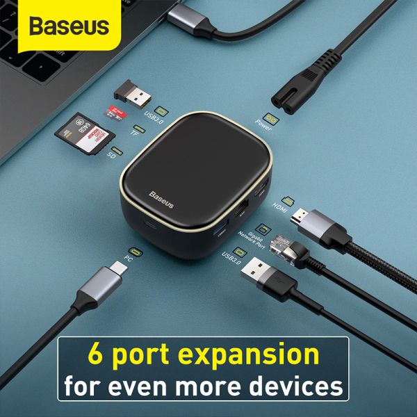 Hub USB-C Baseus 6 in 1 con 2 USB 3.0, 1 HDMI, 1 RJ45, 1MicroSD/SD, 1PD CAHUB-AU02 white