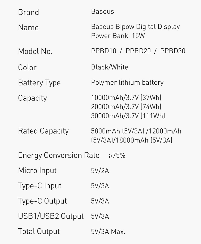Power Bank Baseus 20000mAh 15W PD+QC con display PPDML-J01 black