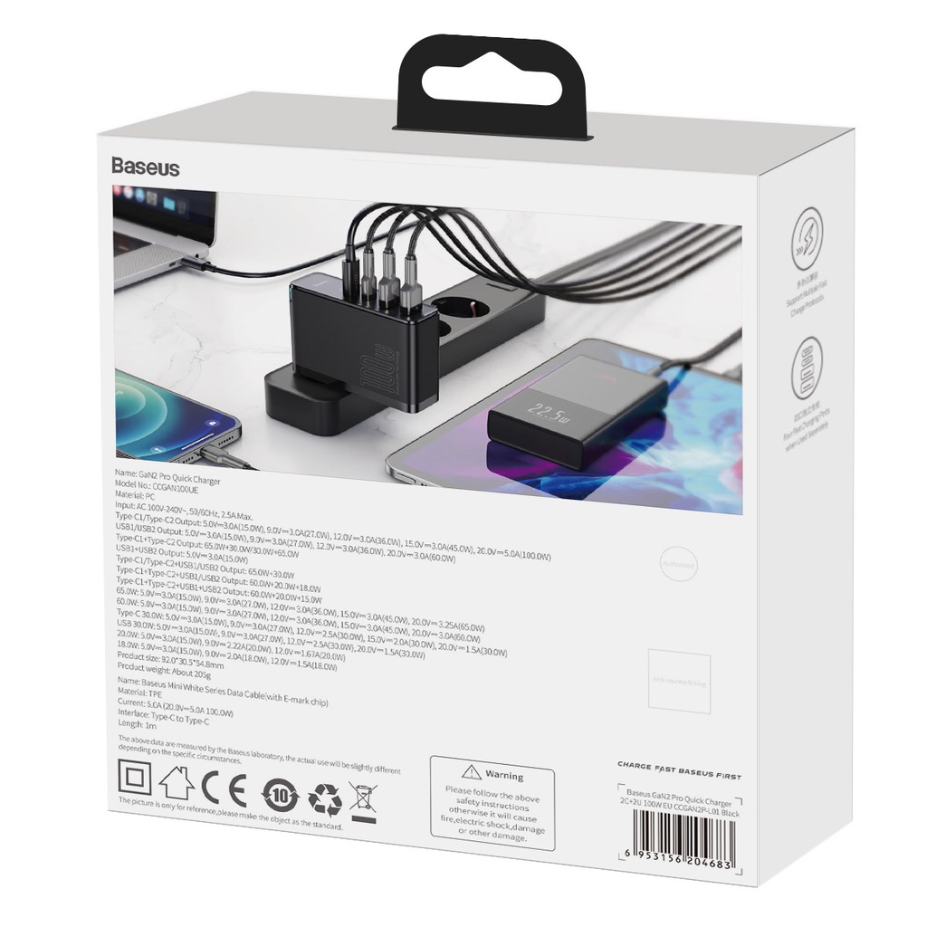 Caricabatteria USB Baseus 100W + 2 porte USB + 2 porte USB-C GaN2 Pro CCGAN2P-L01 black