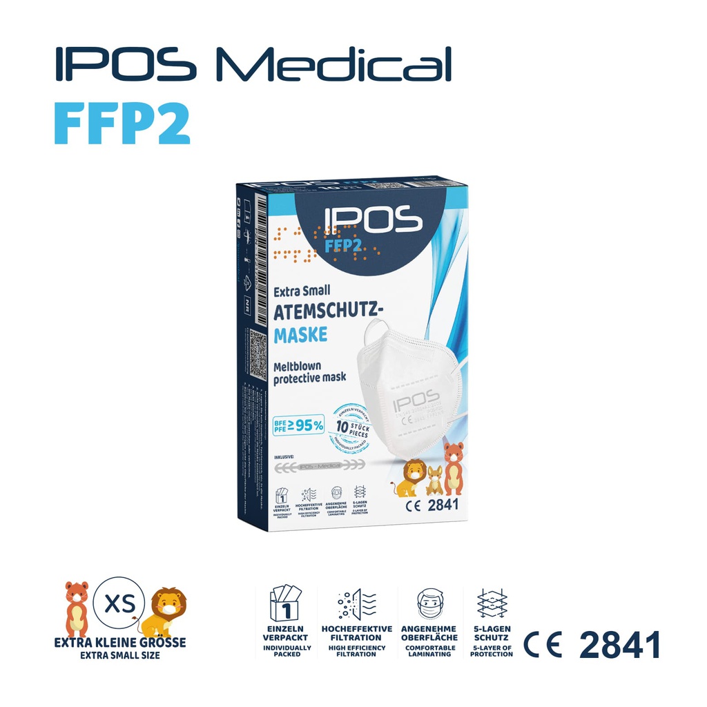 Mascherina protettiva FFP2 NR IPOS CE 2841 EXTRA SMALL confezione 10 pz white (confezionate singole)