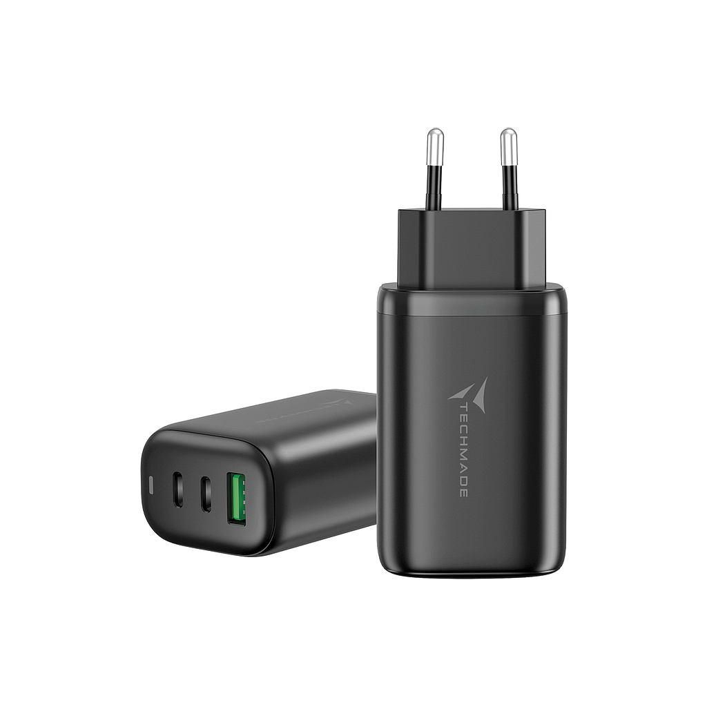 Techmade Caricabatterie 3 Porte (USB+2 USB-C) 65W GaN Black TM-P937-BK