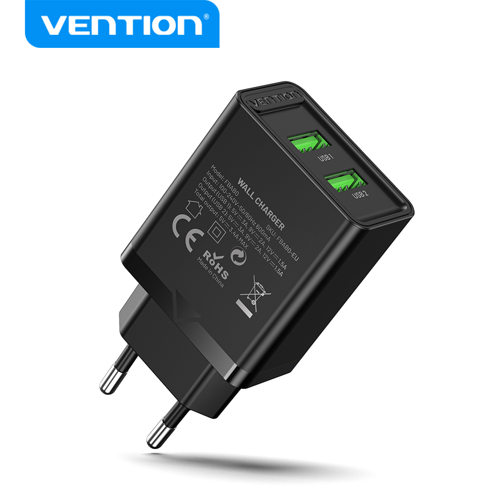 Vention Charger 2 Ports (2 USB) 18W Black (FBAB0-EU)