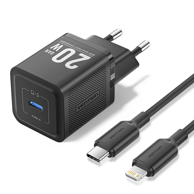 Vention Caricabatterie USB-C 20W GaN + Cavo Type-C To Lightning (1 m) Black (TZ-FEPB0-EU-02)