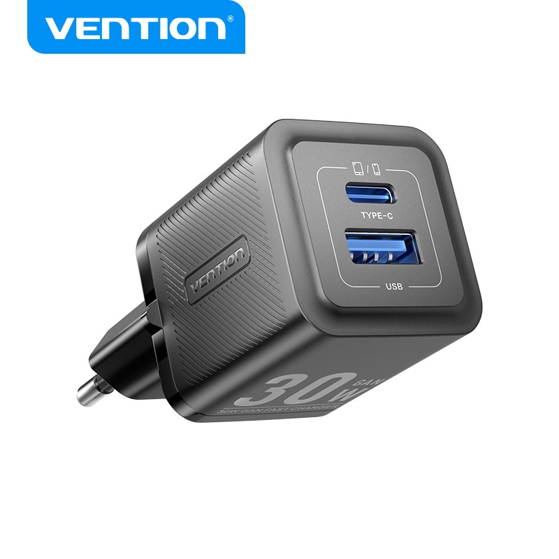 Vention Caricabatterie 2 Porte (USB+USB-C) 30W GaN Black FEQB0-EU