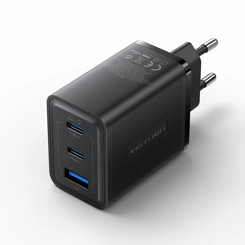 Vention Caricabatterie 65W 3 porte (USB+USB-C+USB-C) GaN Black FERB0-EU