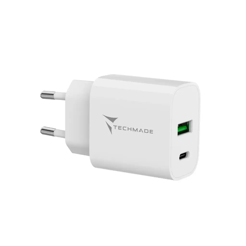 Techmade Caricabatterie 2 Porte (USB+USB-C) 20W White TM-389