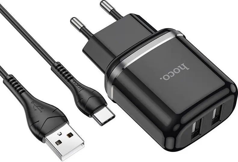 Hoco Caricabatterie 2 Porte (2 USB) 12W 2.4A + Cavo Type-C Black N4  