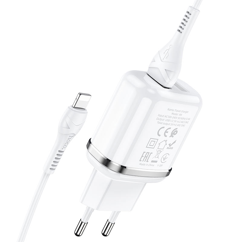Hoco USB Caricabatterie 2.4A 2x ports + white Lightning cable N4