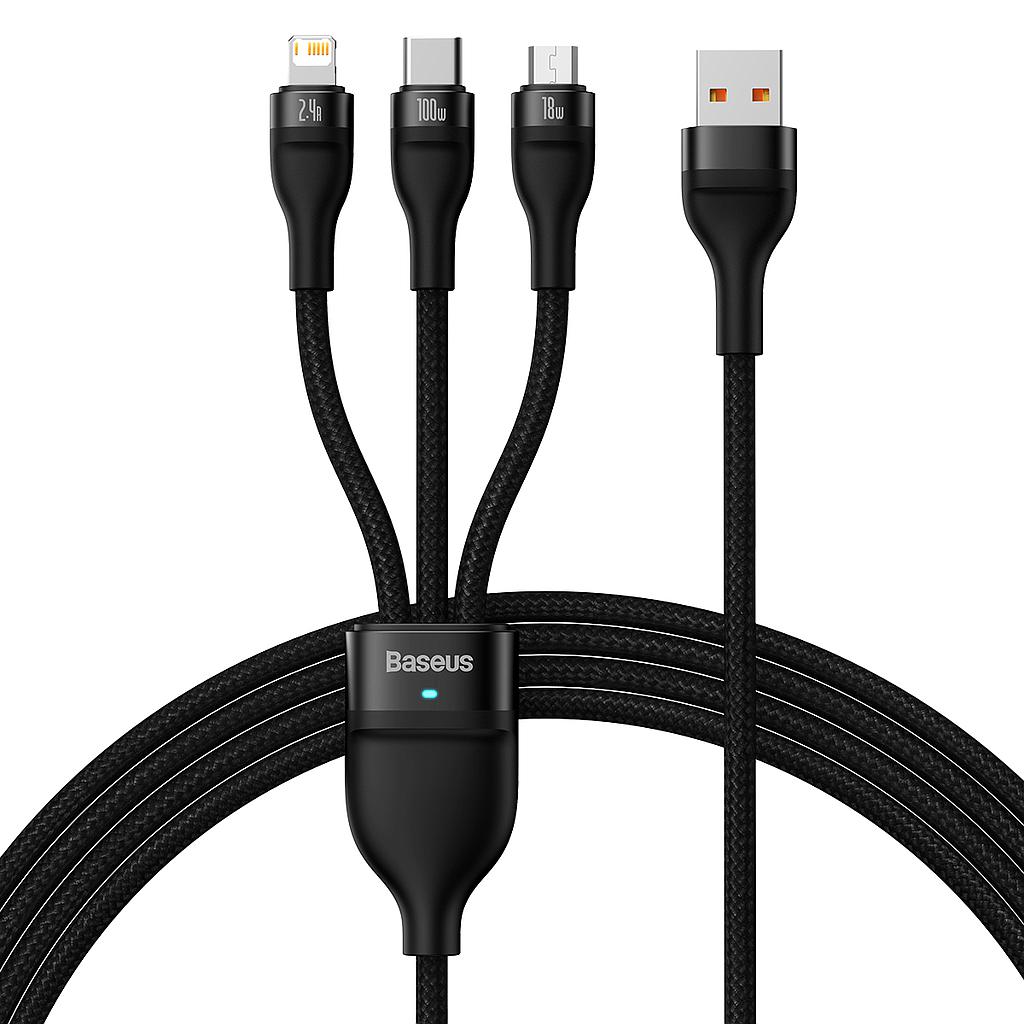 Baseus data cable 3in1 Type C, Lightning, micro USB 100W 1.2mt Flash series black CASS030001
