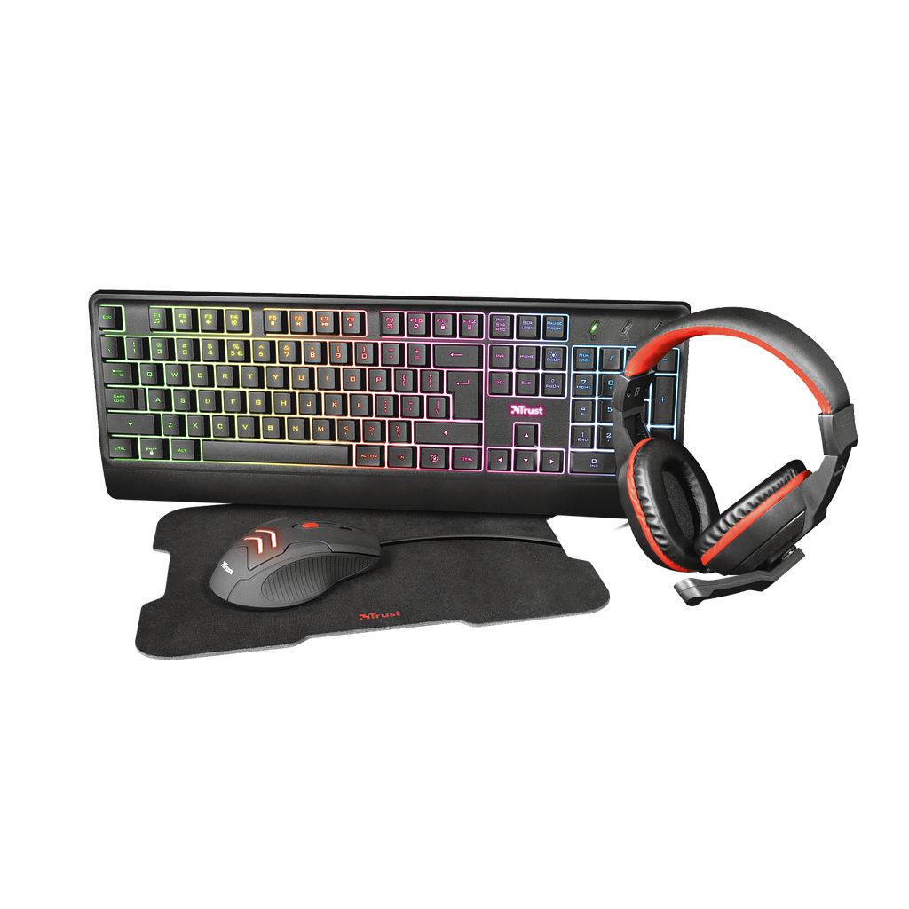 Trust Kit 4IN1 gaming + mouse + cuffie + tappetino tastiera RGB illuminata LED