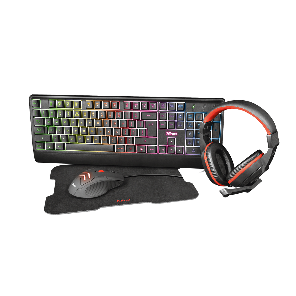 Trust Pacchetto Gaming Tastiera RGB + Cuffie + Mouse + Tappetino