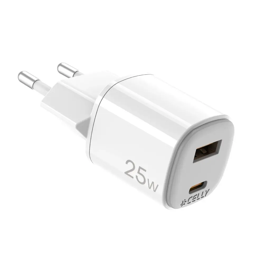 Celly Caricabatterie 25W 2 Porte (USB + USB-C) GaN White UPTC1USB1USBC25