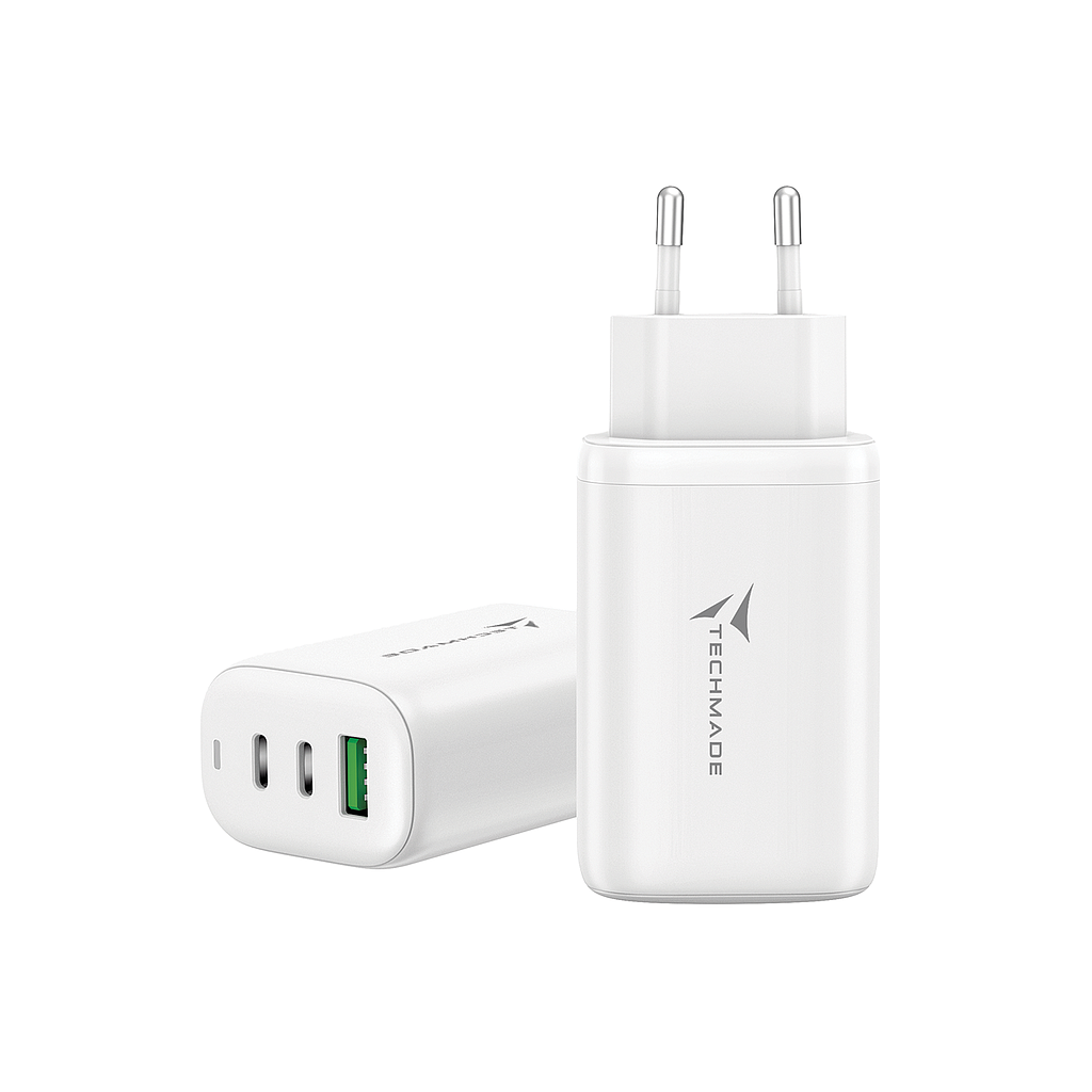 Techmade Caricabatterie USB 65W 3 ports (USB + 2 USB-C) GaN white TM-P937-WK