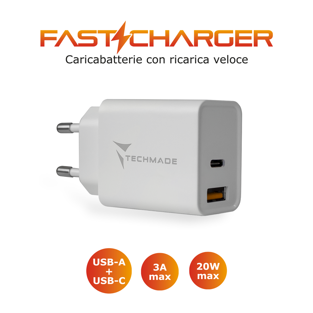 Techmade Caricabatterie 20W 2 porte (USB + USB-C) fast charger white TM-TC046AC