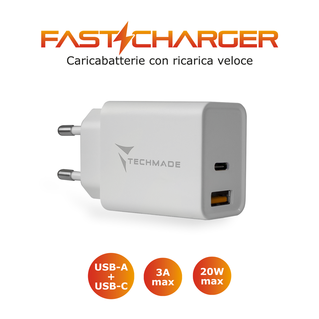 Techmade Caricabatterie 20W 2 porte (USB + USB-C) white TM-TC046AC