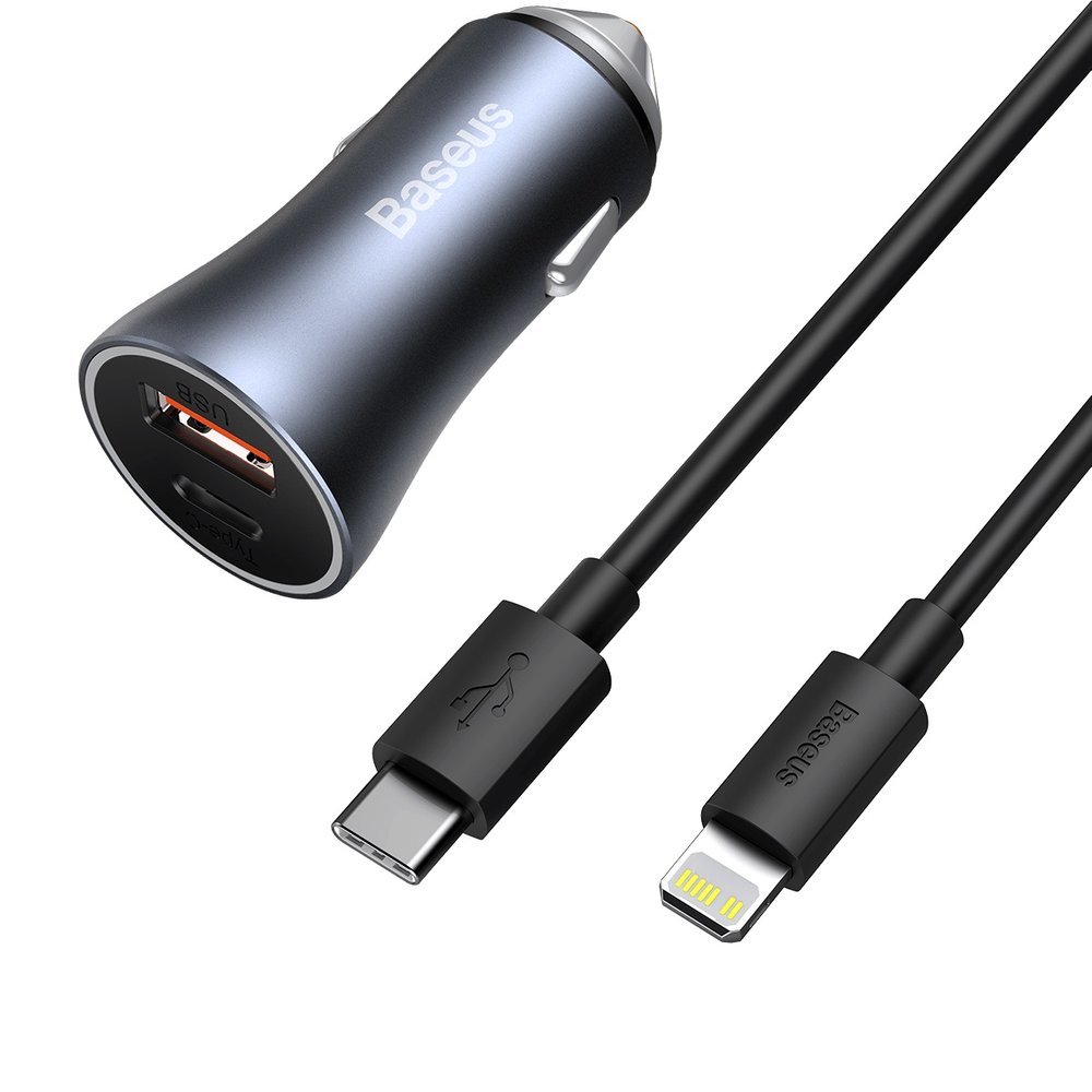 Baseus Caricabatterie per Auto 2 Porte (USB+USB-C) 40W + Cavo Type-C To Lightning (1m) Golden Contactor Pro Black TZCCJD-B0G