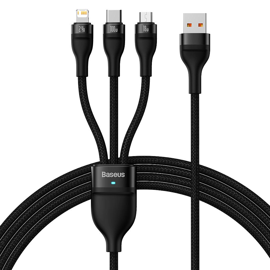 Baseus Cavo Dati 3 in 1 Type C, Lightning, Micro USB 100W 1.2mt Flash series black CASS030001