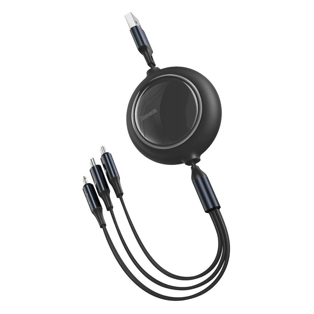 Baseus Data Cable 3 in 1 retractable micro USB, Lightning, Type-C 3.5A 1.2mt Bright Mirror black CAMLT-MJ01