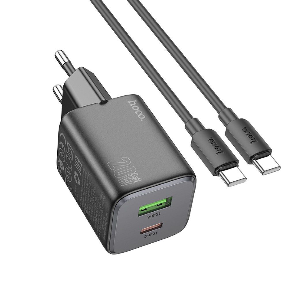 Hoco Charger 2 Porte (USB+USB-C) 20W + Cable Type-C To Type-C Black N41