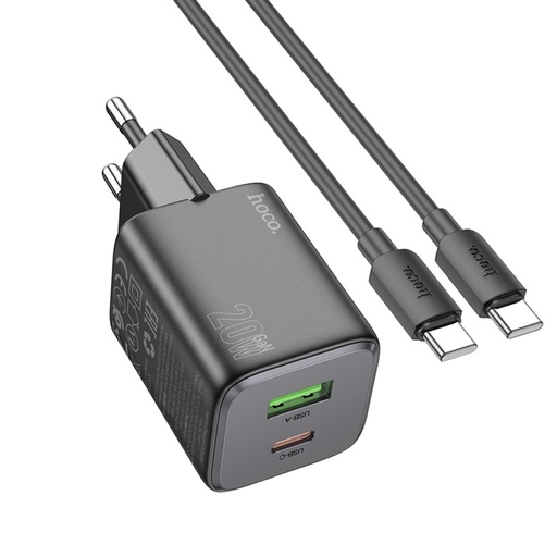 [6942007617062] Hoco Caricabatterie 2 Porte (USB+USB-C) 20W + Cavo Type-C To Type-C Black N41