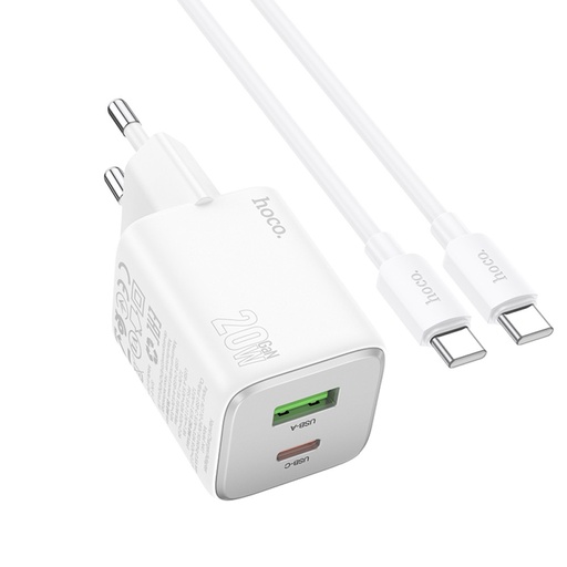 [6942007617079] Hoco Caricabatterie 2 Porte (USB+USB-C) 20W + Cavo Type-C To Type-C White N41