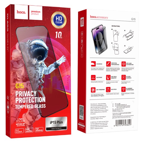 [6942007607605] Hoco Tempered Glass Privacy iPhone 15 Plus iPhone 16 Plus fullscreen  G15