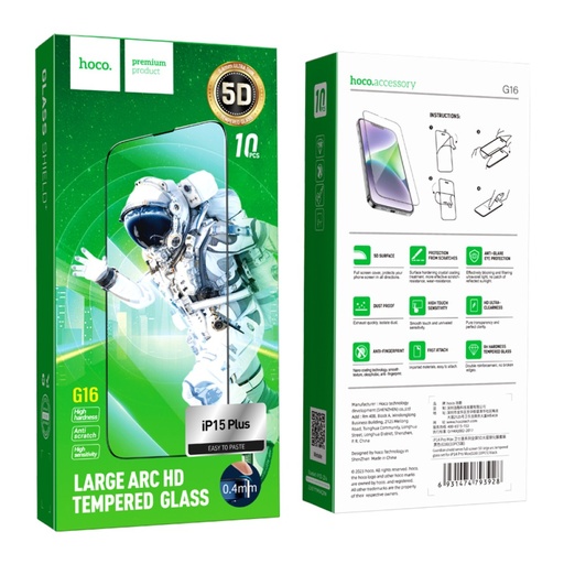 [6942007607643] Hoco Tempered Glass iPhone 15 Plus Fullscreen 5D G16