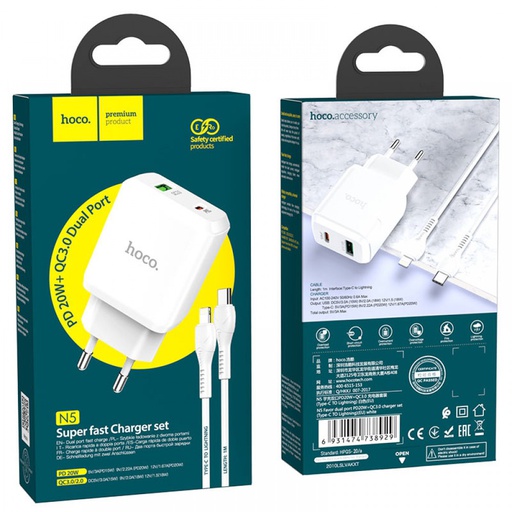 [6931474738929] Hoco Caricabatterie USB-C 20W + cable Type-C to Lightning white N5