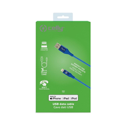 [8021735747451] Celly Cavo Dati Lightning 3mt blue (M.F.I) USBLIGHTCOL3MBL