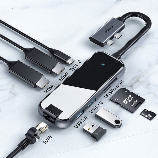 [6953156219687] Baseus Hub USB-C 8 in 1 with 2 USB 3.0, 2 HDMI, 1 RJ45, 2 SD/MicroSD black CAHUB-FZ0G