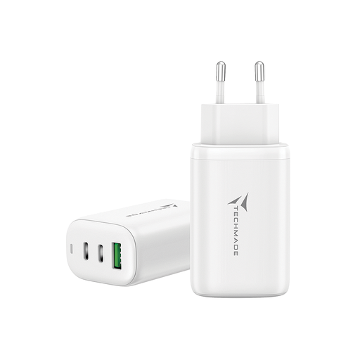 [8099990147798] Techmade Caricabatterie 3 Porte (USB+2 USB-C) 65W GaN White TM-P937-WK