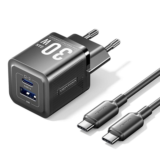 [6922794786356] Vention Charger 2 Ports (USB+USB-C) 30W GaN + Cable Type-C To Type-C (1 m) Black (TZ-FEQB0-EU-01)