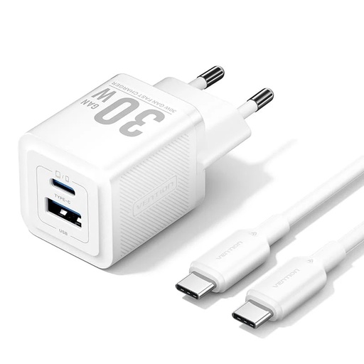 [6922794786387] Vention Charger 2 Porte (USB+USB-C) 30W GaN + Cavo Type-C To Type-C (1 m) White (TZ-FEQW0-EU-01)