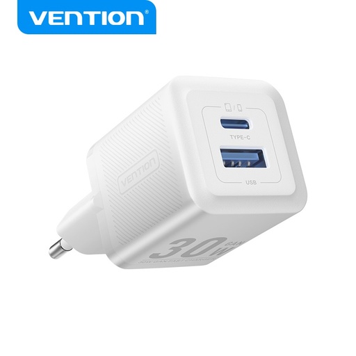 [6922794782211] Vention Caricabatterie 2 Porte (USB+USB-C) 30W GaN White (FEQW0-EU)