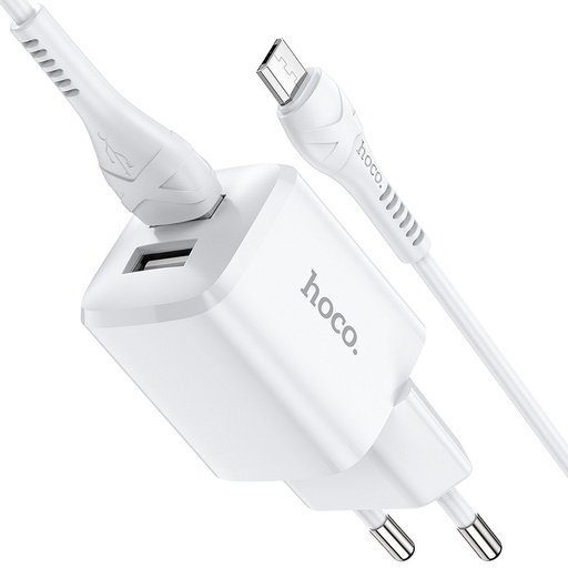[6931474742025] Hoco USB Caricabatterie 2.4A + 2x ports + cable micro USB 1mt white N8
