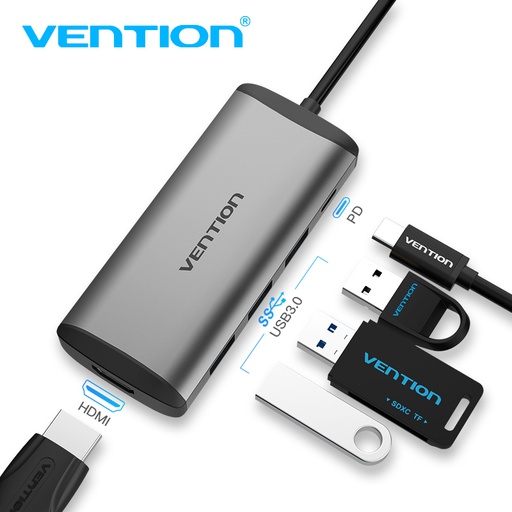 [6922794741348] Vention Hub Type-C 7 in 1 con 1 HDMI + 3 porte USB 3.0 + 1 convertitore PD metal gray CNBHB