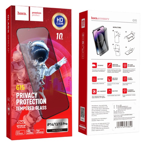 [6931474793799] Hoco Pellicola Vetro Temperato Privacy iPhone 13, iPhone 13 Pro, iPhone 14 fullscreen  G15