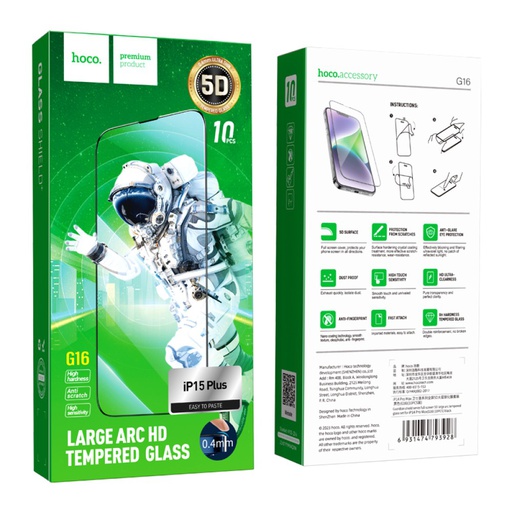 [6942007607643] Hoco Tempered Glass iPhone 15 Plus fullscreen 5D G16